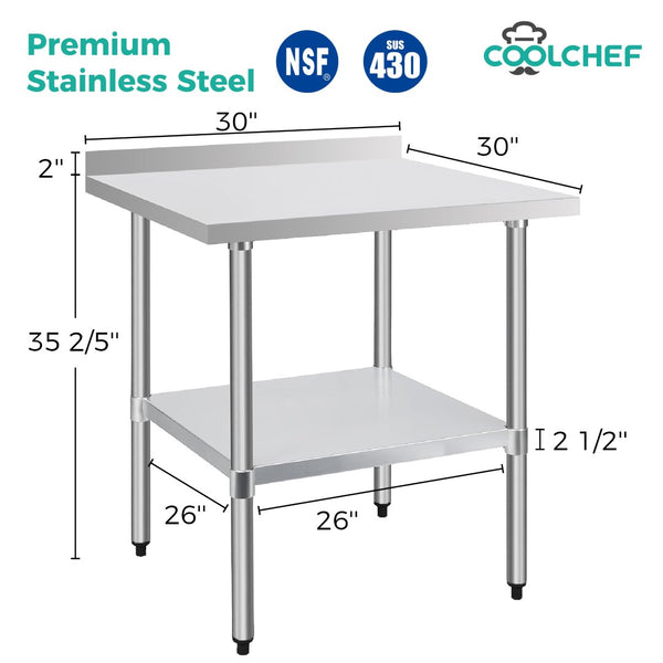 English Elm 30" Square 18-gauge Stainless Steel Nsf Prep Table with Backsplash and Storage Shelf W3629P365479