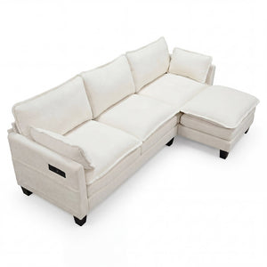 English Elm Modern Chenille Three Seat Sofa with Ottoman Usb Charging Ports and Storage Pockets Beige White W2519S00001