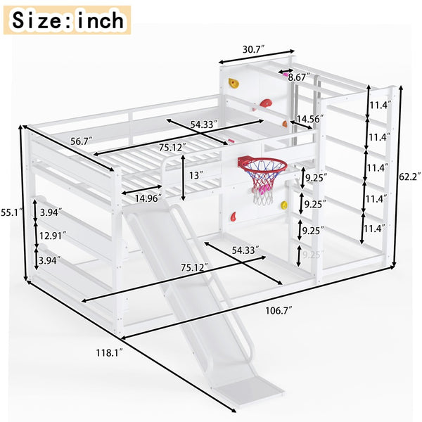 English Elm Twin Metal Loft Bed with Slide Basketball Hoop Climbing Wall and Built-in Shelves W1580S00634