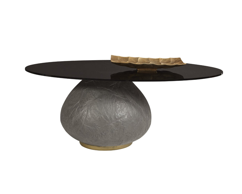 Sunpan MAEVA Contemporary Coffee Table: Sculptural Black Glass & Textured Concrete Design with Brass Accent 107185