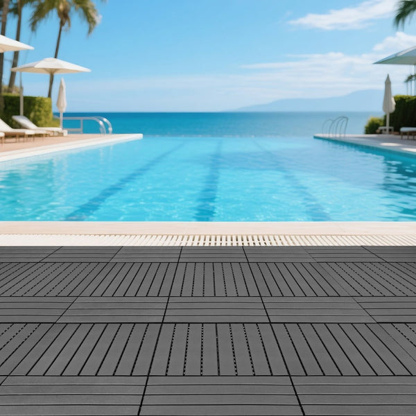 English Elm New Interlocking Polypropylene Patio Floor Tiles 44 Piece Set for Balcony Poolside Use Gray W3022P251873