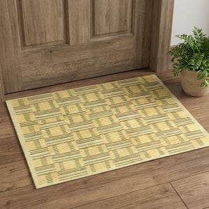 3x5 Hand Knotted Wool Area Rug Checkered Gold Green with Fringe Artisan Made