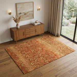 4 X 6 Hand Knotted Wool Floral Area Rug in Rich Red Orange and Gold Tones