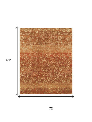 4 X 6 Hand Knotted Wool Floral Area Rug in Rich Red Orange and Gold Tones