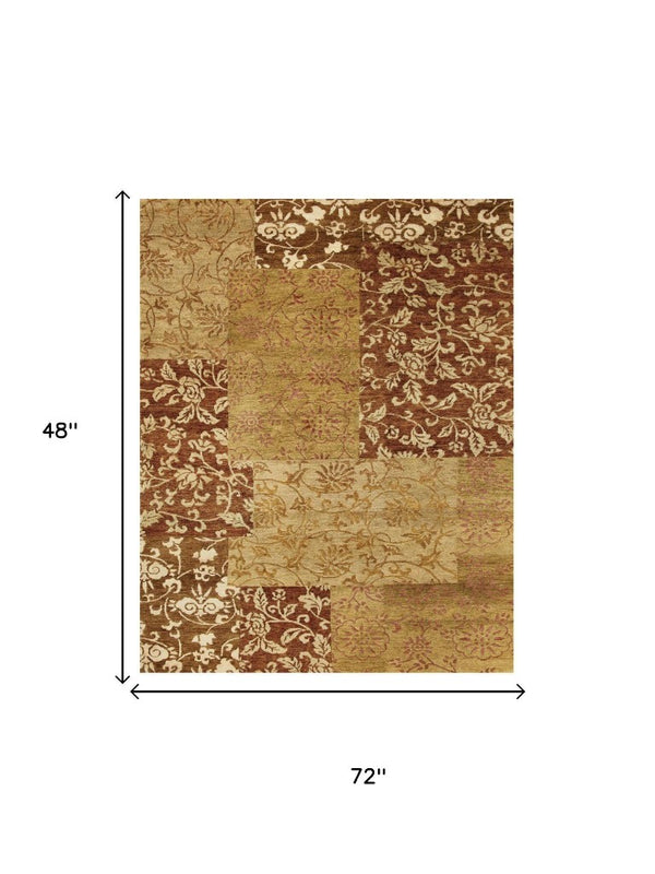 4 X 6 Hand Knotted Wool Blend Bohemian Patchwork Area Rug in Gold and Brown