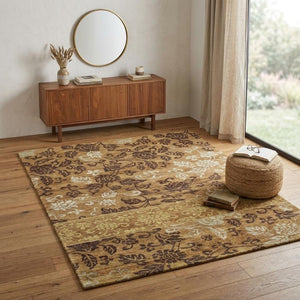 4x6 Wool Blend Hand Knotted Floral Area Rug in Warm Brown Gold Tones Artisan Made