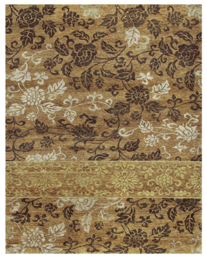 4x6 Wool Blend Hand Knotted Floral Area Rug in Warm Brown Gold Tones Artisan Made