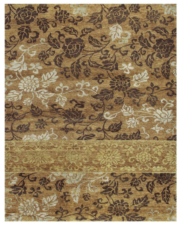 4x6 Wool Blend Hand Knotted Floral Area Rug in Warm Brown Gold Tones Artisan Made