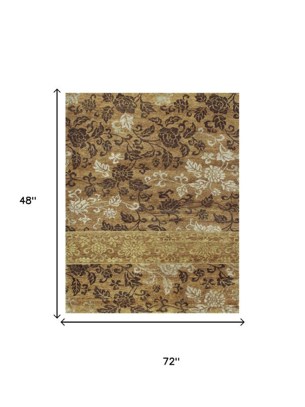 4x6 Wool Blend Hand Knotted Floral Area Rug in Warm Brown Gold Tones Artisan Made