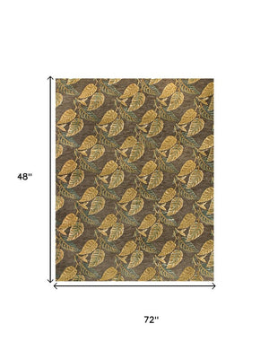 4x6 Wool Blend Hand Knotted Floral Area Rug in Brown Gold and Gray Tones