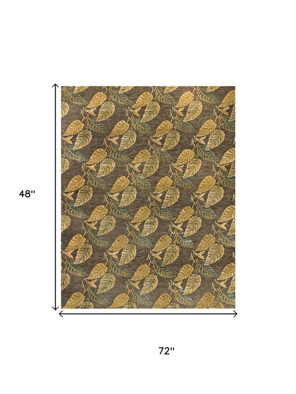4x6 Wool Blend Hand Knotted Floral Area Rug in Brown Gold and Gray Tones