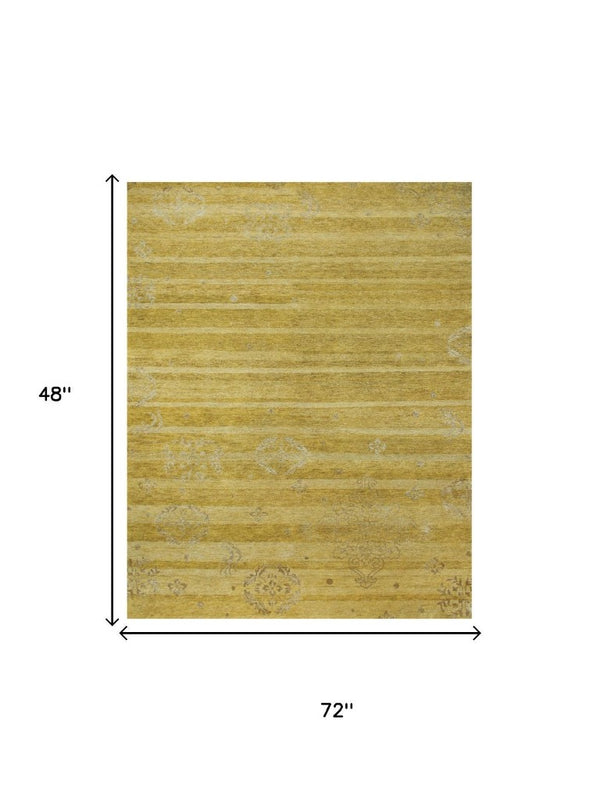 4x6 Hand Knotted Wool Blend Area Rug in Gold Striped Artisan Weave for Any Room
