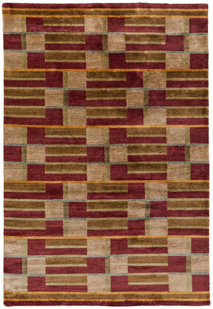 HomeRoots 4 X 6 Hand Knotted Wool Blend Area Rug Artisan Striped Gold Green Red Accent 744056
