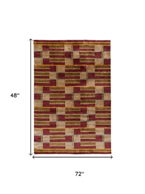 4 X 6 Hand Knotted Wool Blend Area Rug Artisan Striped Gold Green Red Accent