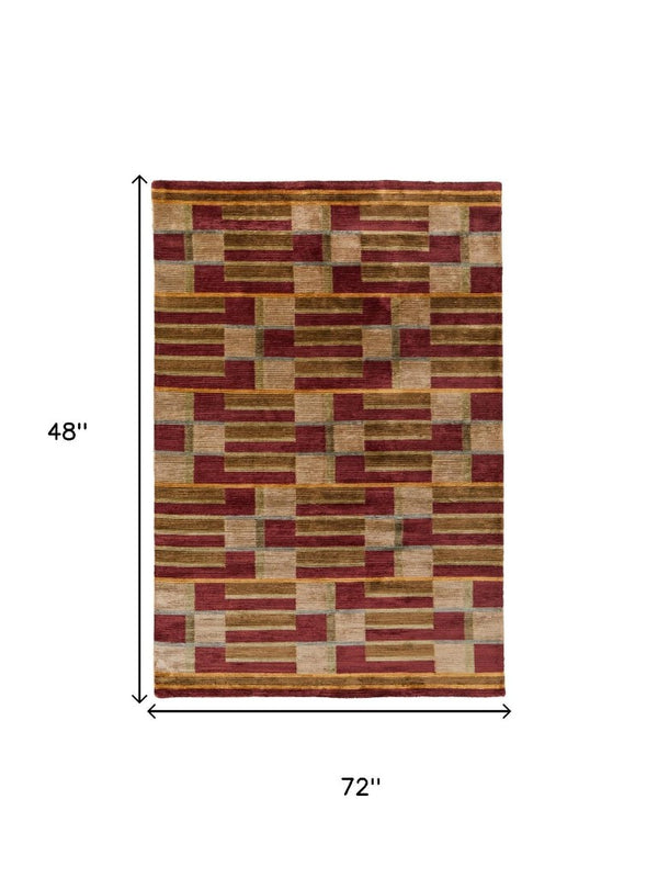4 X 6 Hand Knotted Wool Blend Area Rug Artisan Striped Gold Green Red Accent