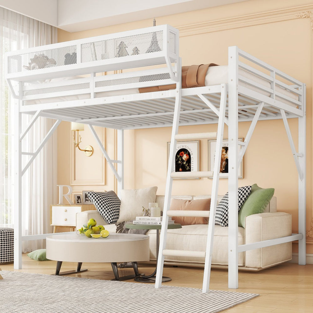 English Elm Full Size Loft Bed with Ladder and Built-In Shelves, Sturdy Metal High Loft for Kids Teens 54" White W2580P379995