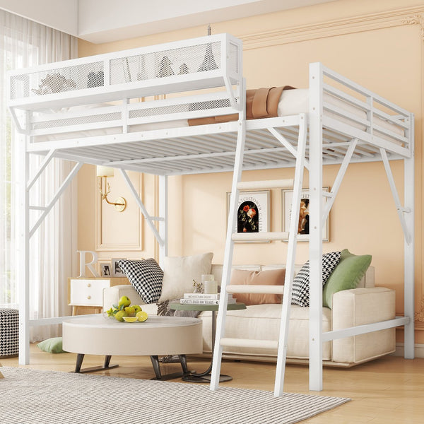 English Elm Full Size Loft Bed with Ladder and Built-In Shelves, Sturdy Metal High Loft for Kids Teens 54" White W2580P379995