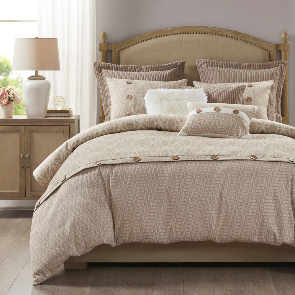 JLA Home Madison Park Signature - 8 Oversized Jacquard Comforter Set with Geometric Taupe Ivory Design, Plush Duvet Insert & Pillows 110 L x 96 W x 1.5H MPS10-485