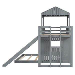 English Elm Wooden Twin Over Full Bunk Bed Farmhouse Playhouse Slide Pinewood Kids Loft Gray LT000328AAN
