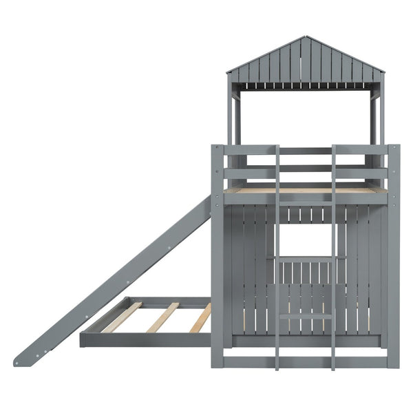 English Elm Wooden Twin Over Full Bunk Bed Farmhouse Playhouse Slide Pinewood Kids Loft Gray LT000328AAN