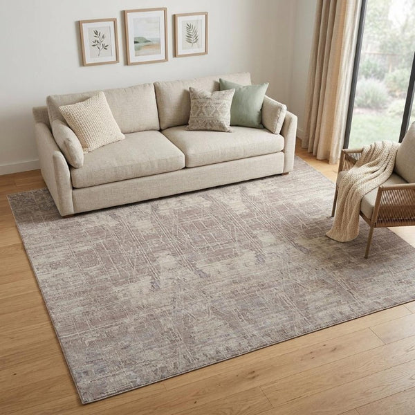 5x8 Hand Woven Wool Blend Area Rug in Tan Pink Gray Abstract Artisan Design