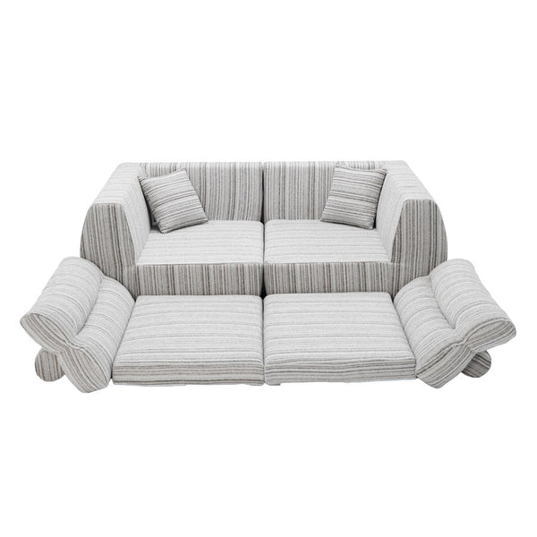 English Elm Chenille Stripe Velvet Sofa Three Seat Minimalist Upholstered Couch for Living Room Soft White,Taupe W5532S00014