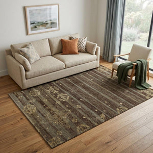 5 X 8 Hand Knotted Wool Blend Area Rug with Brown Tan Stripe Artisan Weave