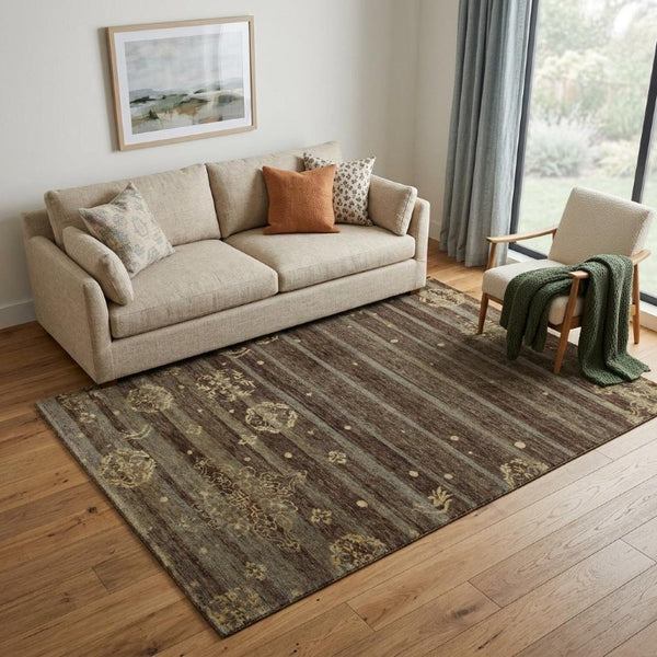 5 X 8 Hand Knotted Wool Blend Area Rug with Brown Tan Stripe Artisan Weave