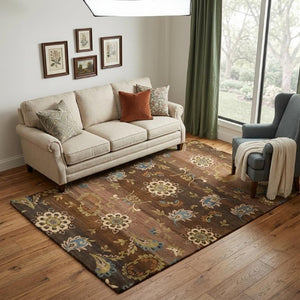 5 X 8 Hand Knotted Wool Floral Area Rug Stain Resistant Traditional Brown Tan