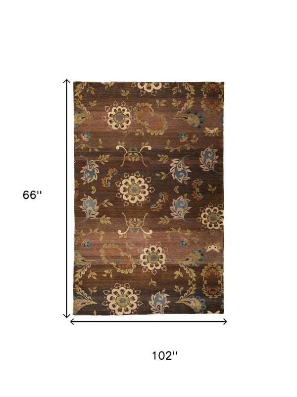 5 X 8 Hand Knotted Wool Floral Area Rug Stain Resistant Traditional Brown Tan