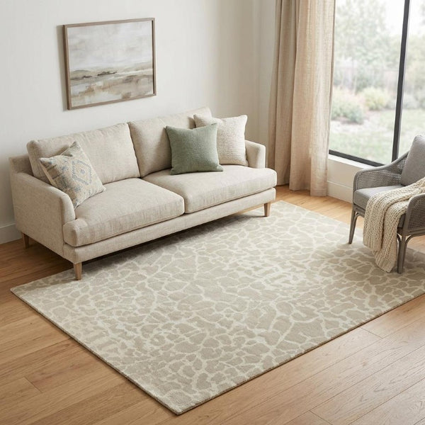 5x8 Ivory Beige Wool Blend Animal Print Hand Knotted Artisan Area Rug for Living Room