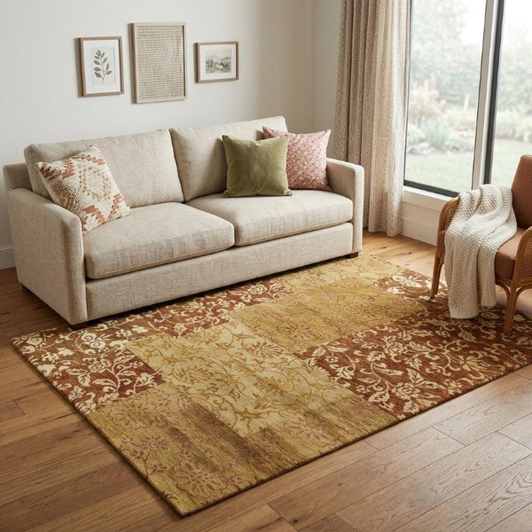 5x8 Hand Knotted Wool Blend Patchwork Area Rug Bohemian Gold Brown Artisan