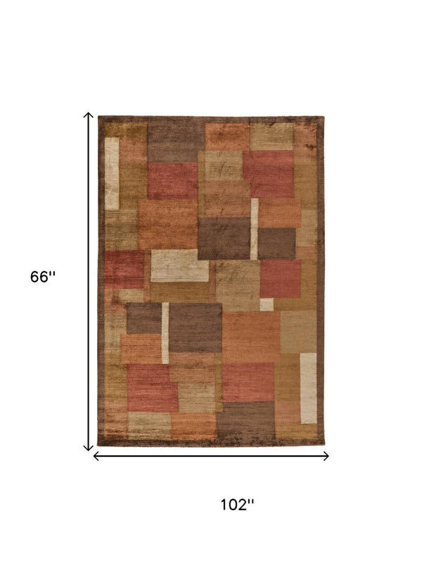 5x8 Wool Blend Hand Knotted Area Rug Mid-century Checkered Pattern for Living Room