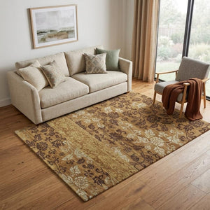 5 X 8 Hand Knotted Wool Blend Floral Area Rug in Brown Gold and Tan Tones