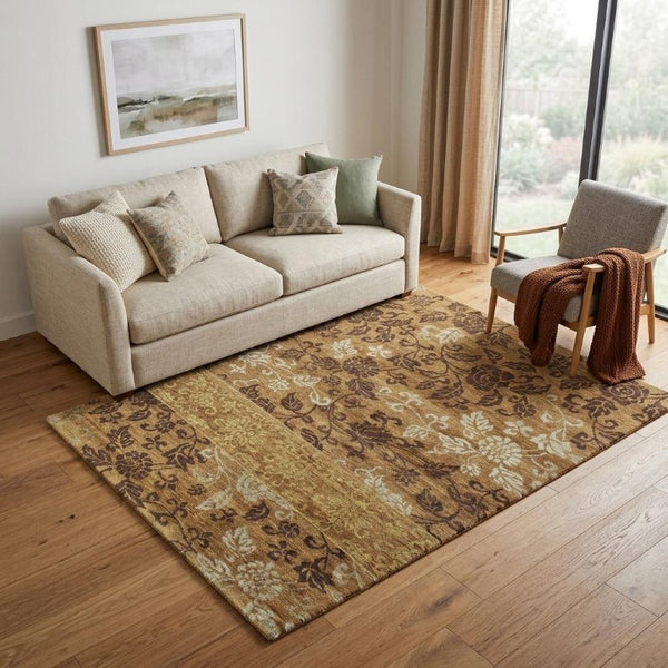 5 X 8 Hand Knotted Wool Blend Floral Area Rug in Brown Gold and Tan Tones