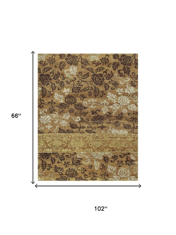5 X 8 Hand Knotted Wool Blend Floral Area Rug in Brown Gold and Tan Tones