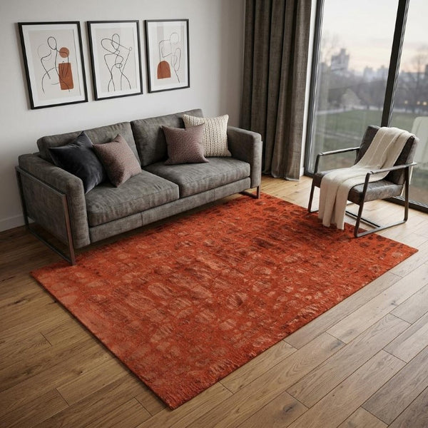 5x8 Hand Knotted Wool Blend Area Rug Bold Animal Print in Red and Orange