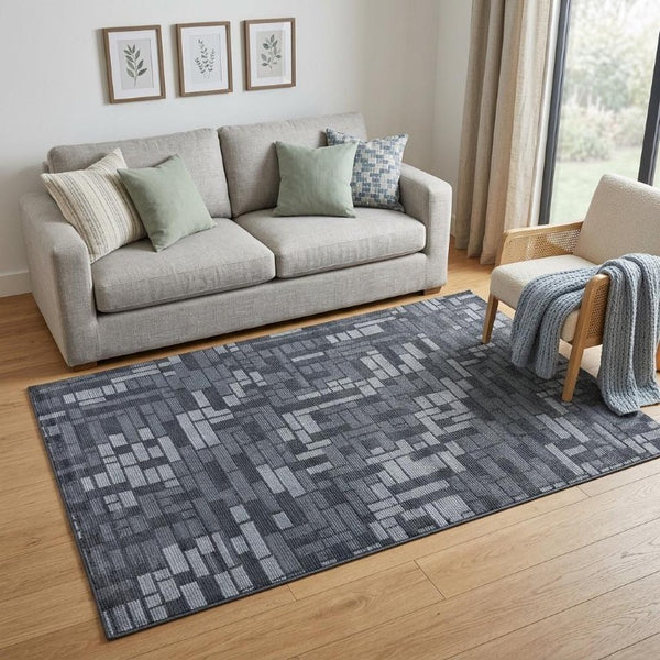 5 X 8 Hand Knotted Wool Blend Area Rug with Blue Gray Stripes for Living Room