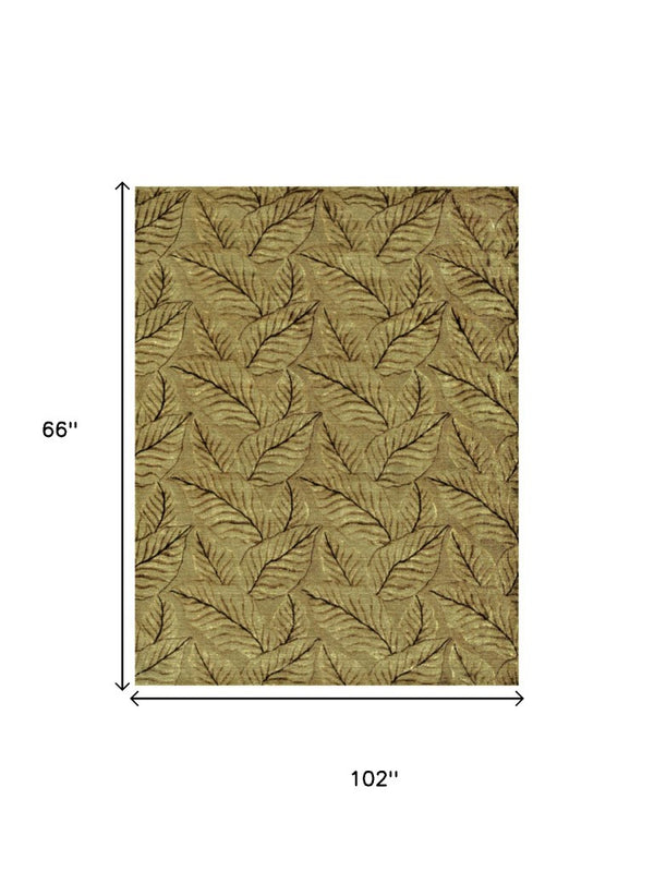 5x8 Hand Knotted Wool Blend Floral Area Rug in Green Tan Black Cottage Style
