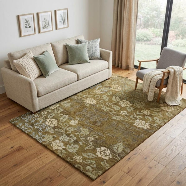 5x8 Hand Knotted Wool Blend Area Rug Floral Brown Green Blue Artisan Woven