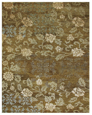 HomeRoots 5x8 Hand Knotted Wool Blend Area Rug Floral Brown Green Blue Artisan Woven 744166