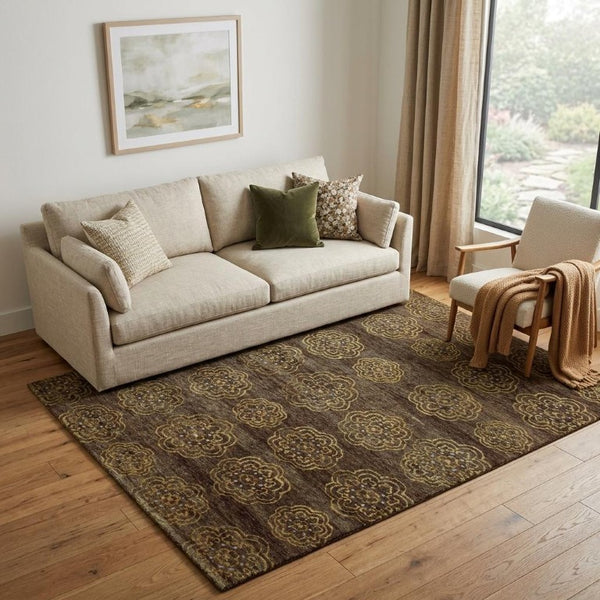 5x8 Hand Knotted Wool Blend Floral Area Rug in Brown Gold Artisan Crafted