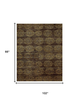 5x8 Hand Knotted Wool Blend Floral Area Rug in Brown Gold Artisan Crafted