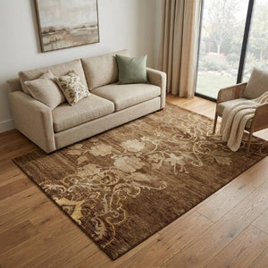 5x8 Hand Knotted Wool Blend Floral Area Rug in Warm Brown Ivory Artisan Weave