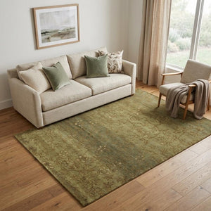 5 X 8 Handknotted Wool Floral Area Rug in Green Tan Yellow Artisan Crafted