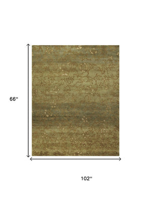 5 X 8 Handknotted Wool Floral Area Rug in Green Tan Yellow Artisan Crafted