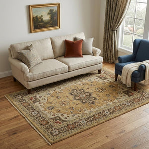 5 X 8 Hand Knotted Wool Oriental Area Rug in Tan Gold Taupe Artisan Crafted