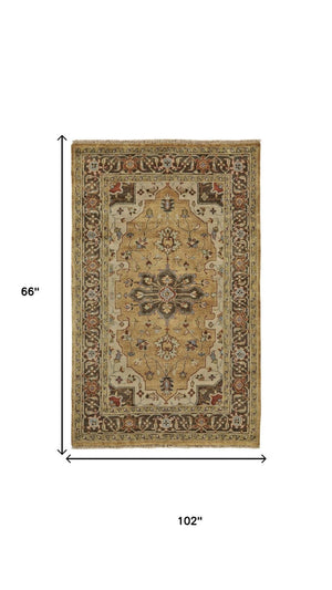5 X 8 Hand Knotted Wool Oriental Area Rug in Tan Gold Taupe Artisan Crafted