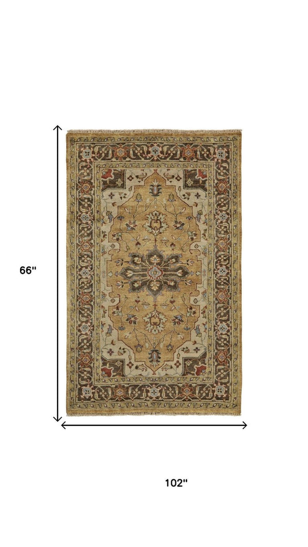 5 X 8 Hand Knotted Wool Oriental Area Rug in Tan Gold Taupe Artisan Crafted