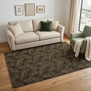 5 X 8 Hand Knotted Wool Blend Floral Area Rug in Black Green Gold Cottage Style